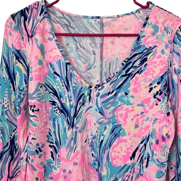 Lilly Pulitzer Davie Pink Blue Printed V-Neck Shift Dress Coastal Resortwear S - Picture 5 of 11